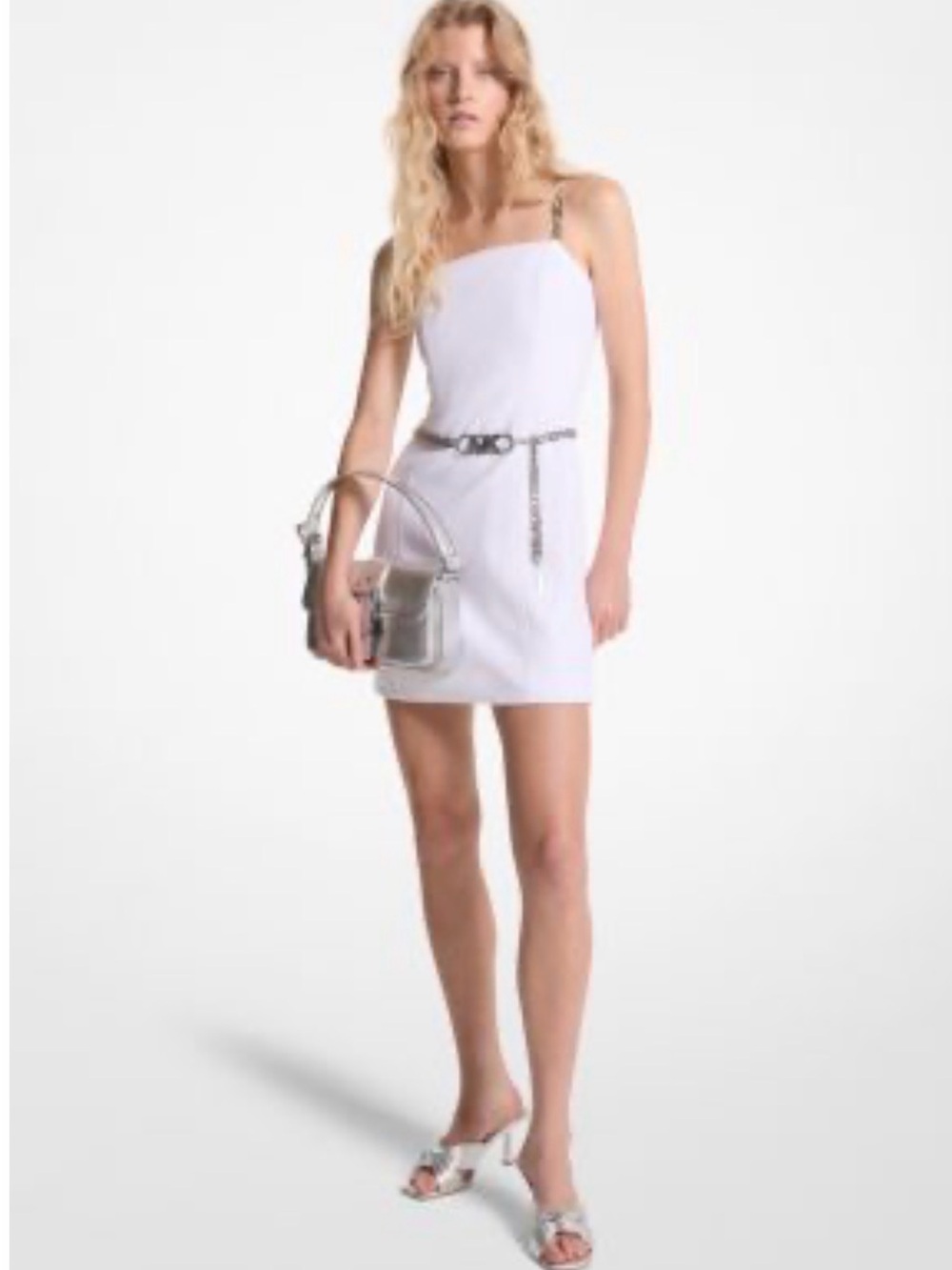 Michael Kors White Mini Dress with Silver Chain Accents